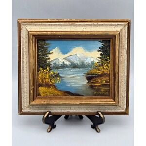 1970s Framed Signed Original Mini Landscape Oil Painting Lake/Mountain 7.5" VTG
